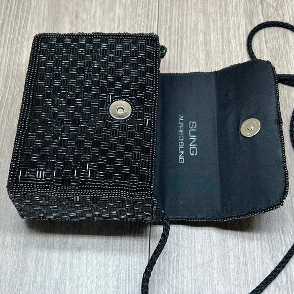 Alfred Sung Handmade Embellished Beaded Basketweave Crossbody Purse Bag Black - Picture 5 of 8
